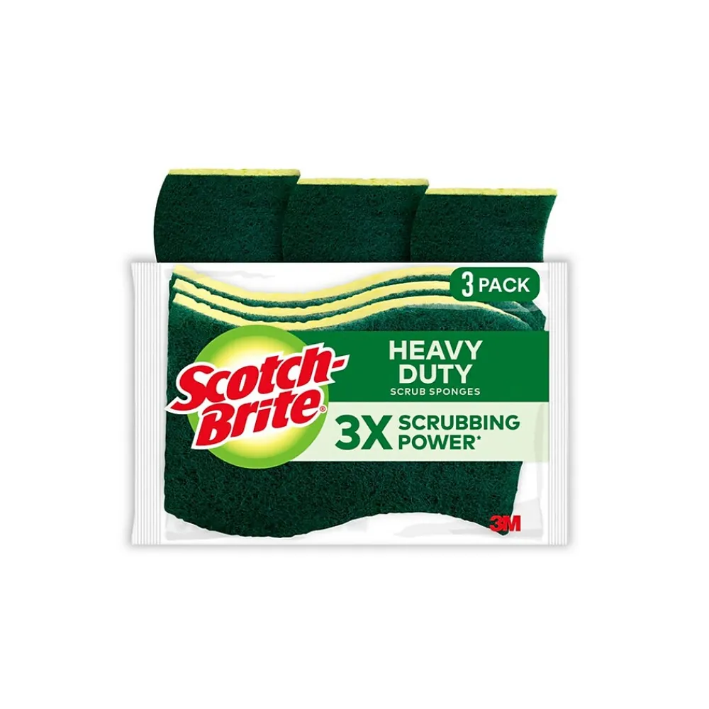 Scotch-Brite Heavy Duty Sponge with Scrubber, Green/Yellow, 3 Sponges/Pack (HD3)