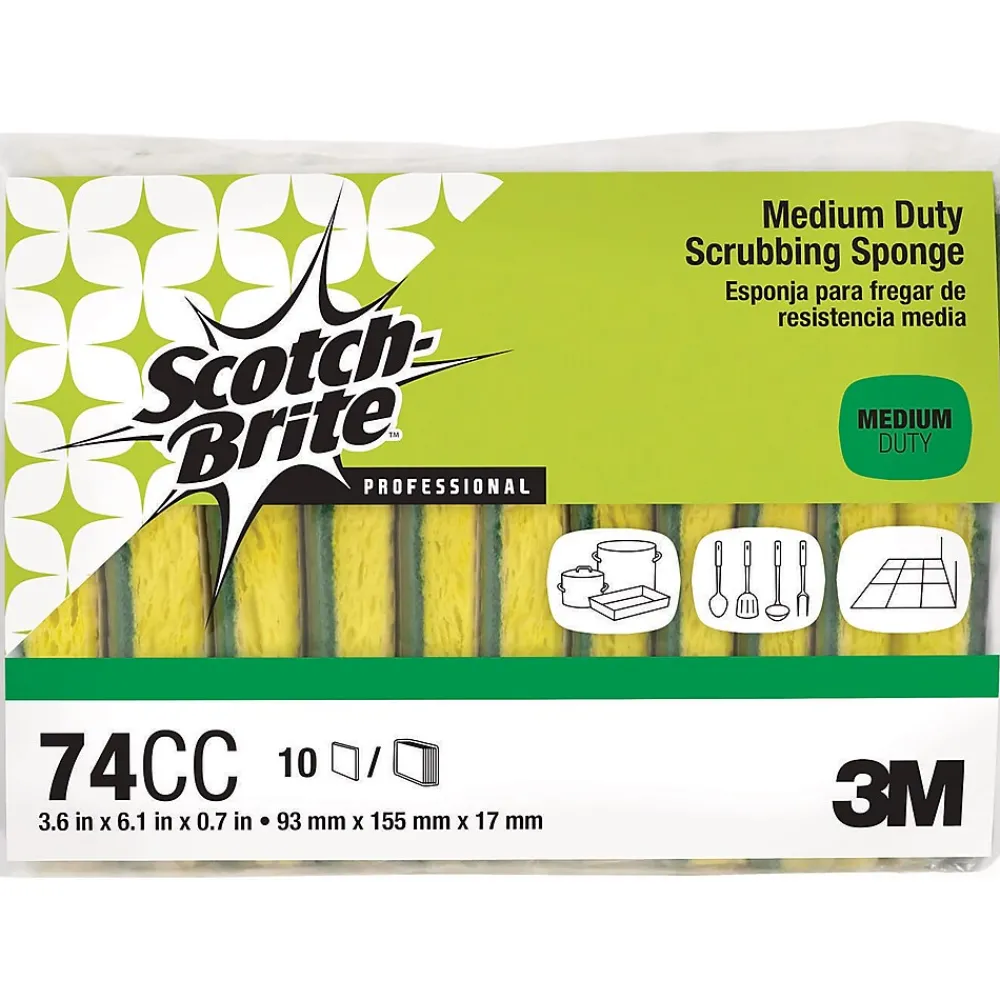 Scotch-Brite Medium Duty Scrub Sponge, Green/Yellow, 10/Pack (74CC)