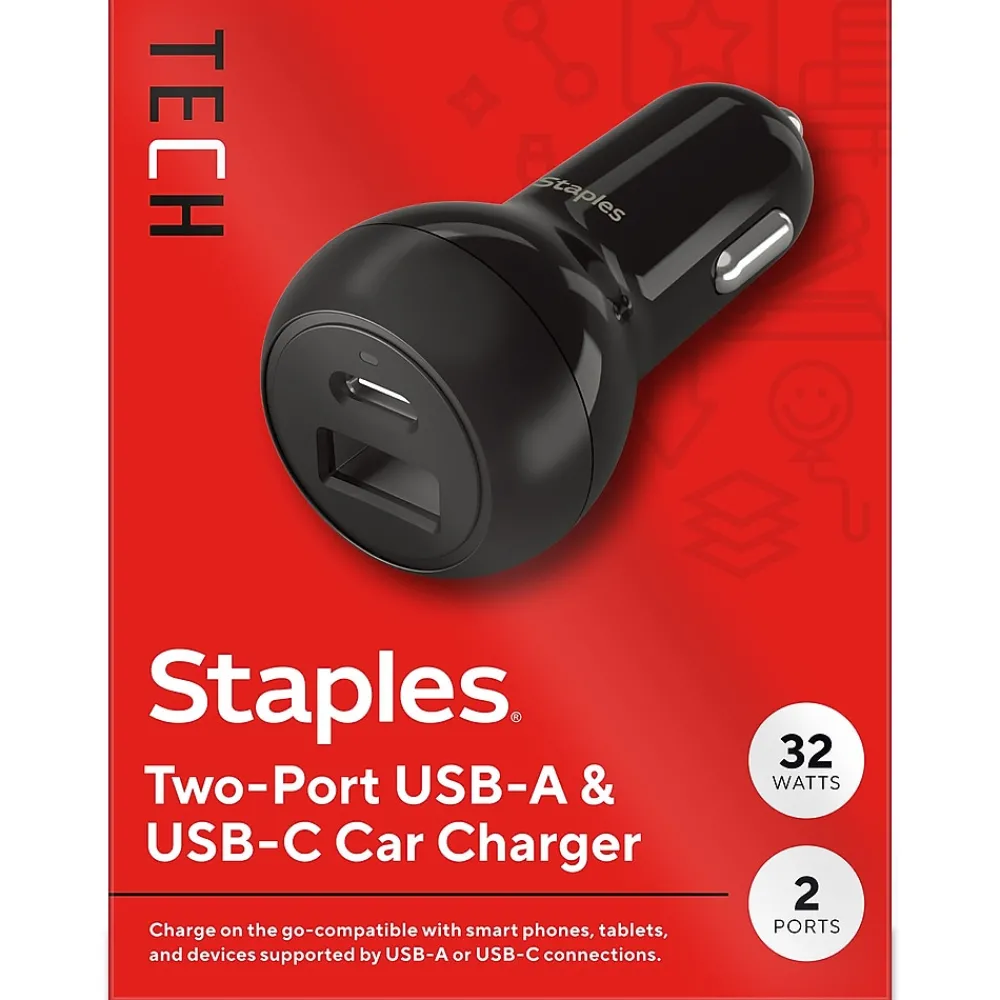 Staples TECH USB-A/USB-C Car Charger, 32W, Black (ST62340)