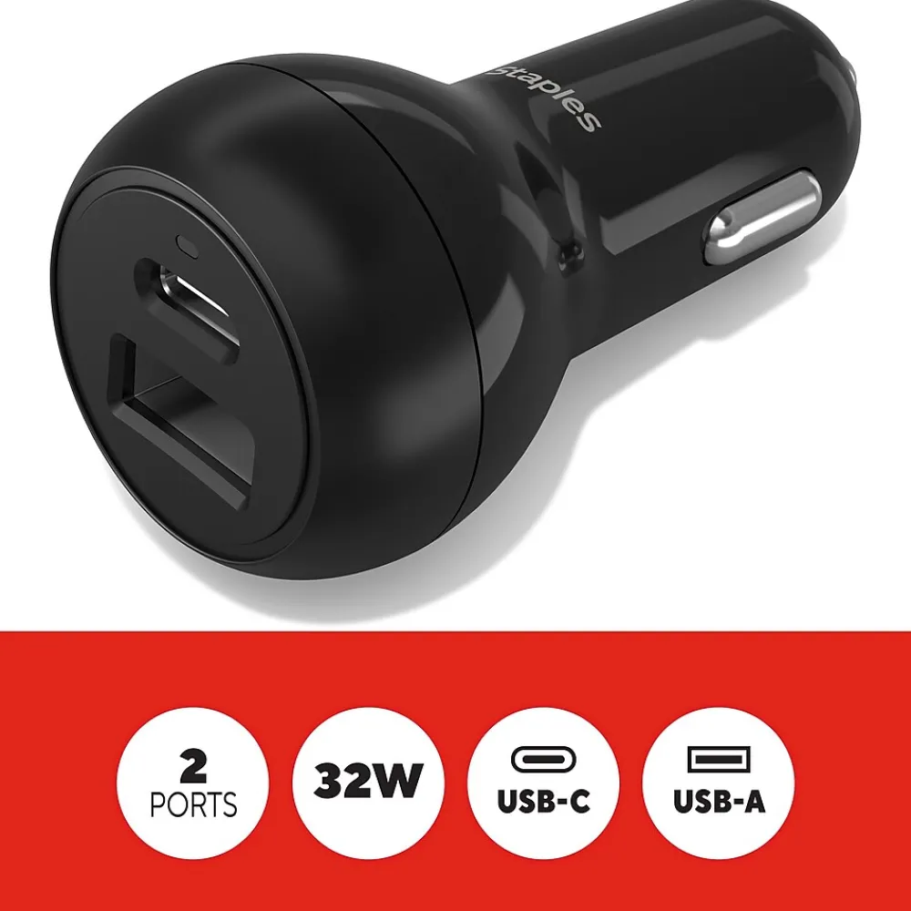 Staples TECH USB-A/USB-C Car Charger, 32W, Black (ST62340)